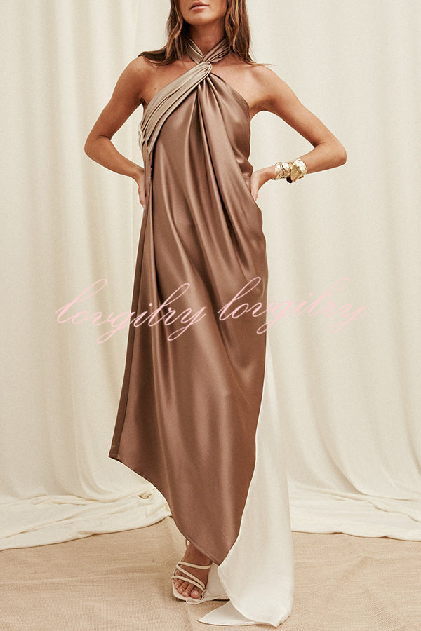 Elegant Whisper Satin Colorblock Halter Asymmetrical Hem Drape Maxi Dress