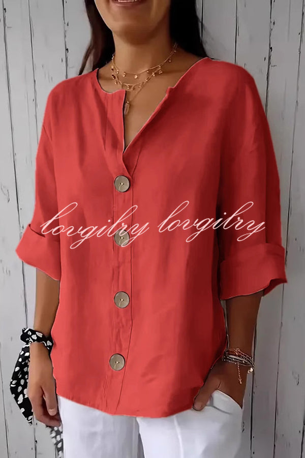 Solid Color V-neck Loose Button Top