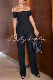 Solid Color Off-the-shoulder Single-breasted Top and Casual Pocket Straight-leg Pants Set