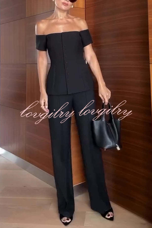 Solid Color Off-the-shoulder Single-breasted Top and Casual Pocket Straight-leg Pants Set