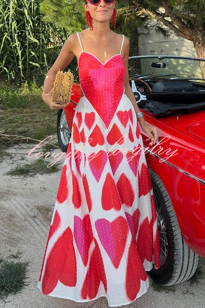 Full of Love Heart Shape Print Cutout Spaghetti Strap Backless Maxi Dress