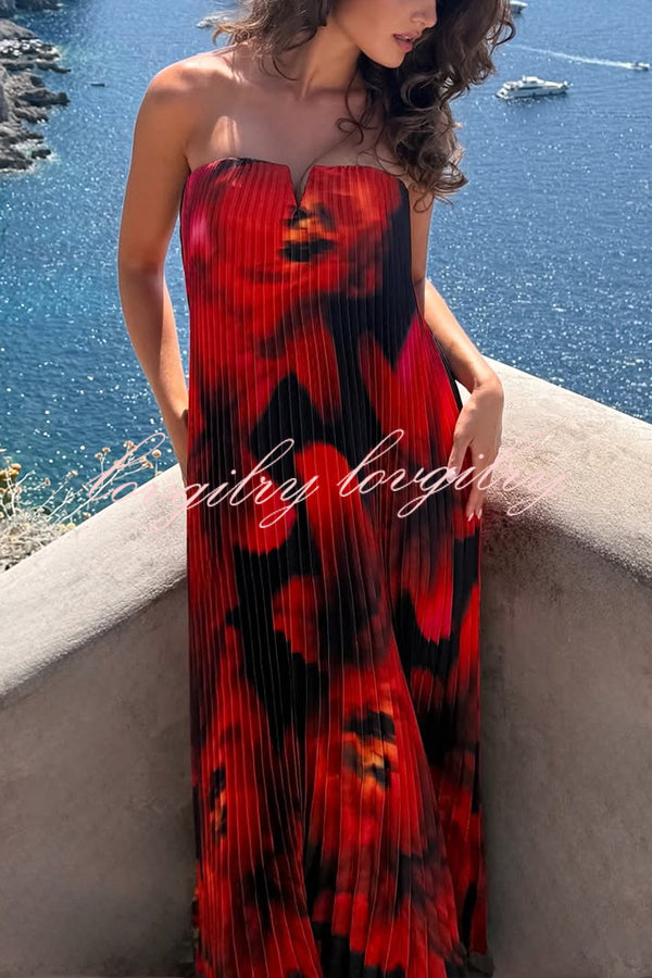 For Every Occasion Satin Pleated Floral Print V-wire Bandeau Neck Maxi Dress