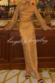 Shine Your Style Sequin Balloon Sleeve Back Drape Cowl Neck Maxi Dress