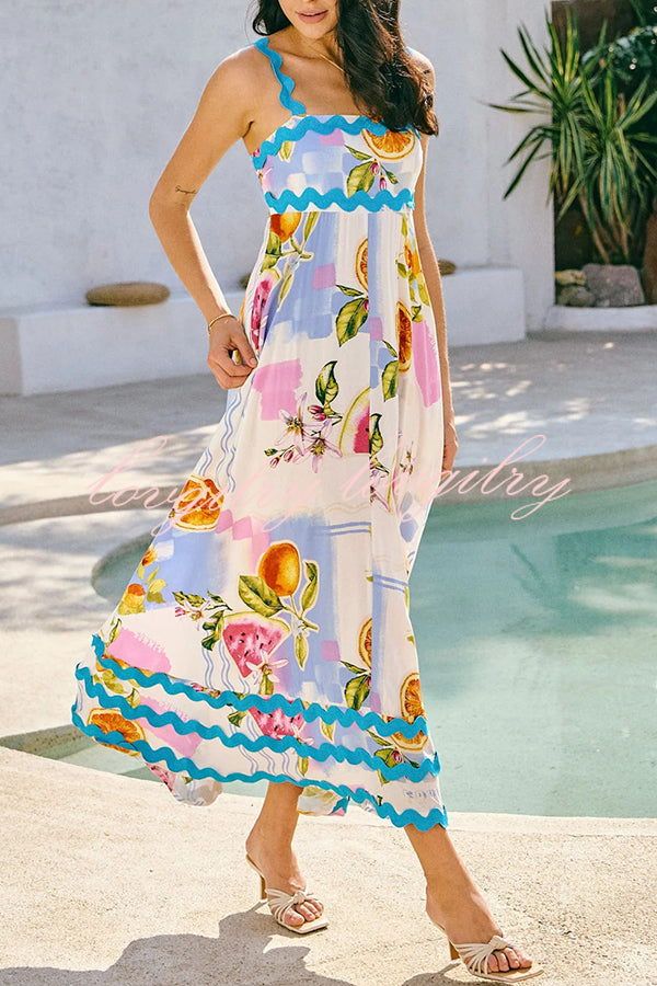 Vivi Fruit Floral Print Wave Pocket Maxi Dress