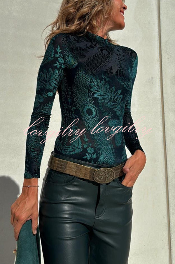 Antarey Velvet Mesh Unique Pattern Long Sleeve Stretch Bodysuit