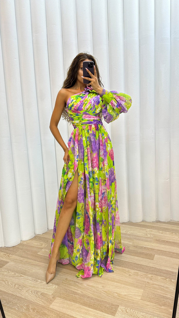 Let's Elope Floral Print Pleated One Shoulder Sleeve Slit Maxi Dress