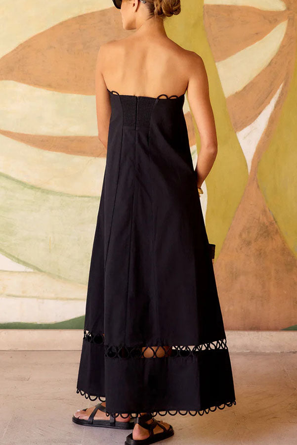 Gina Linen Blend Scallop Cutout Trim Strapless A-line Midi Dress
