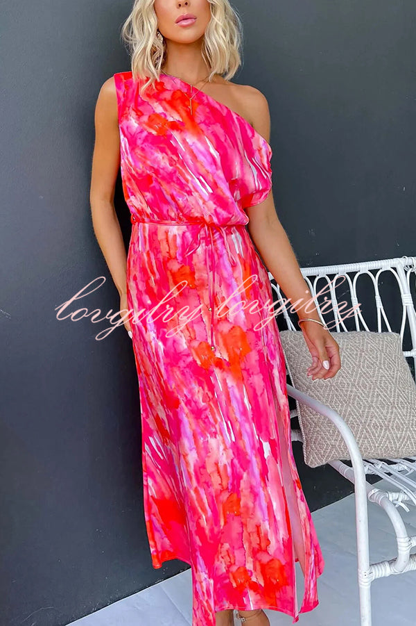 Satin Unique Print One Shoulder Tie Waist Slit Maxi Dress