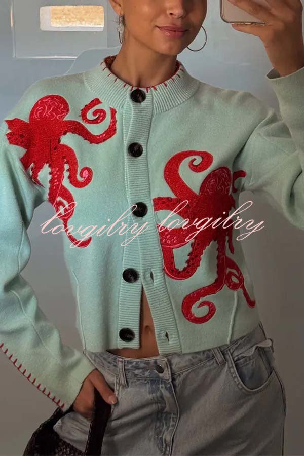 Coastal Fashion Knit Octopus Graphic Contrast Piping Button Up Loose Cardigan