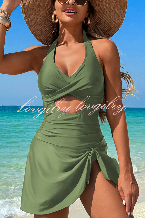 Fashionable Halterneck Waist Hollow Stretch One-piece Swimsuit