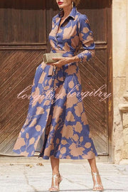 Lapel Floral Print Lace Up Buttoned Pockets Long Sleeve Midi Dress