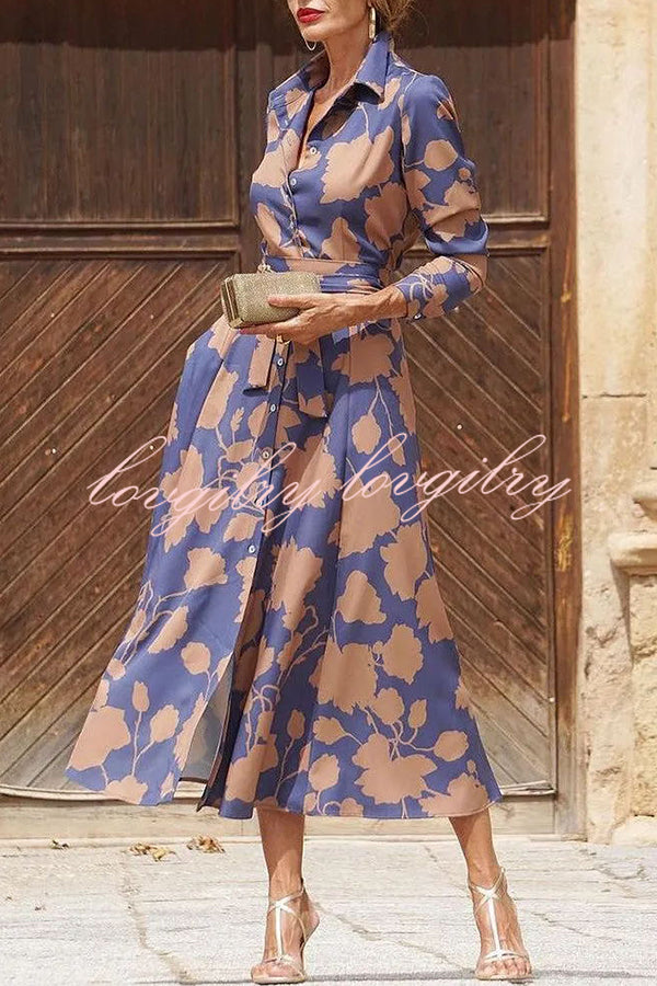 Lapel Floral Print Lace Up Buttoned Pockets Long Sleeve Midi Dress