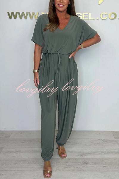 Solid Color V-neck Short-sleeved Waist-tied Loose Casual Jumpsuit