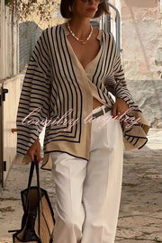 Comfortable and Effortless Striped Long Slit Sleeve Button Relaxed Loose Blouse