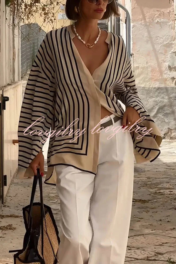 Comfortable and Effortless Striped Long Slit Sleeve Button Relaxed Loose Blouse