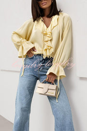 Satin Solid Color V-neck Tie Ruffle Casual Shirt