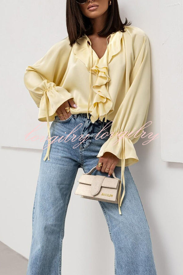 Satin Solid Color V-neck Tie Ruffle Casual Shirt