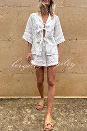 Celebrate Vacation Linen Blend Lace Splicing Tie-up Shirt and Elastic Waist Pocketed Shorts Set