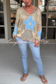 Embroidered Flower Hollow Holiday Knit Top