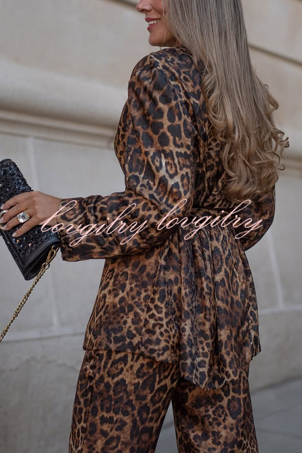 Chic View Leopard Print Tie-up Waist Lapel Blazer and Elastic Waist Loose Pants Set