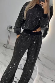 Stylish Shiny Long-sleeved Crew Neck Loose Top and Elastic Waist Drawstring Wide Leg Pants Set