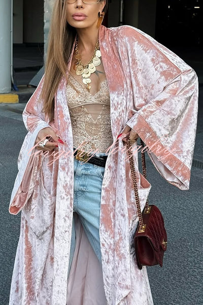 Gorgeous Glossy Velvet Long Bell Sleeve Tie-up Pocket Midi Kimono Coat