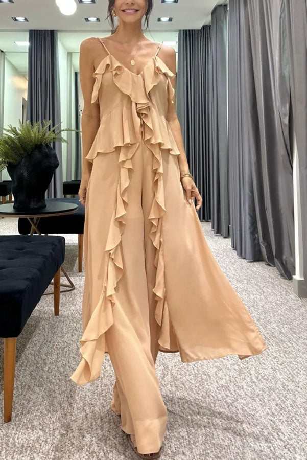 Agnes Chiffon Ruffle Front Slit Midi Slip Top and Elastic Waist Pocket Loose Pants Set