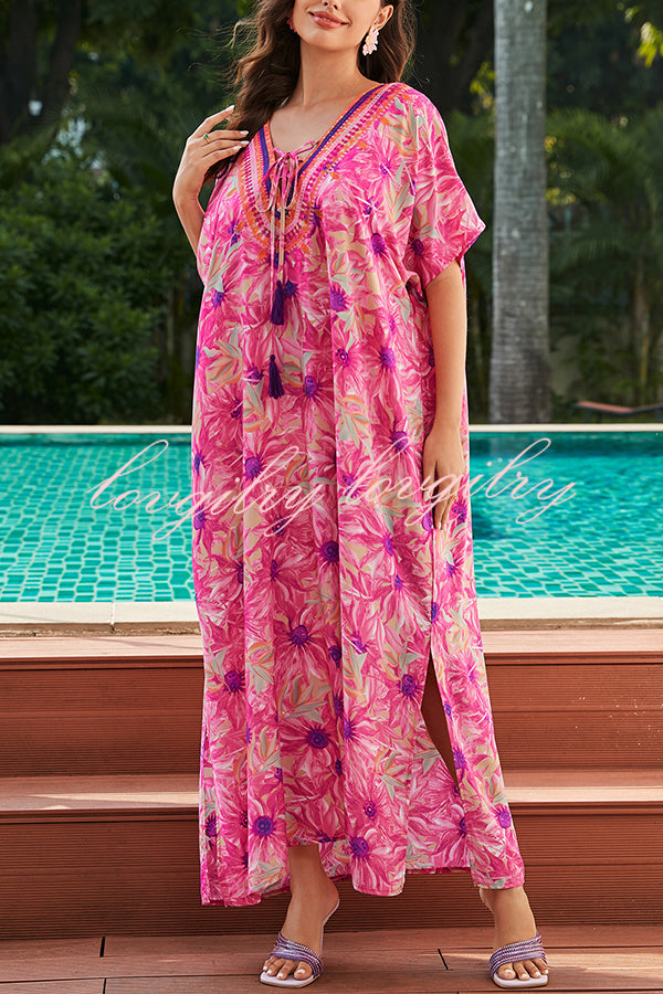 Floral Print V-Neck Lace-Up Loose Holiday Cover-Up Maxi Dress