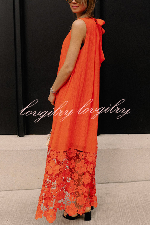 Breezy Comfort Tie-up Neck Sleeveless Floral Lace Hem Maxi Dress
