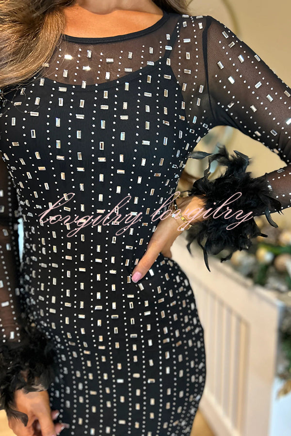 Sexy Long Sleeve Round Neck Feather Edge Rhinestone Decoration Slim Fit Maxi Dress