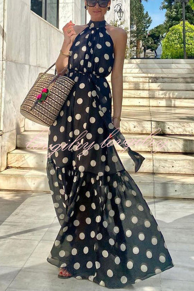 Charming Idea Polka Dots Belted Halter A-line Maxi Dress