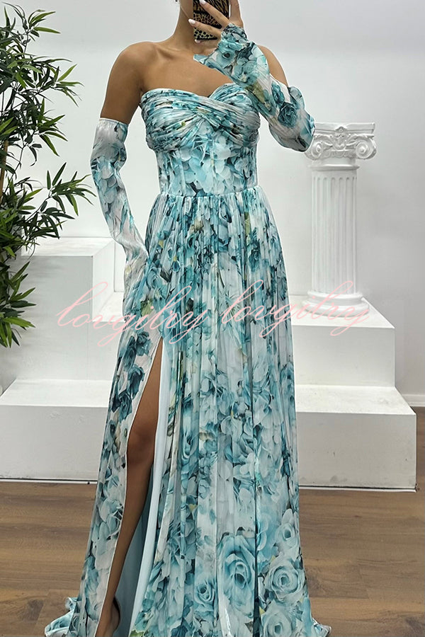 Reina Chiffon Floral Print Pleated Bodice Split Sleeve Strapless Slit Maxi Dress