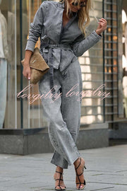 Casual Meetup Denim Stand Neck Long Sleeve Belted Loose Jacket