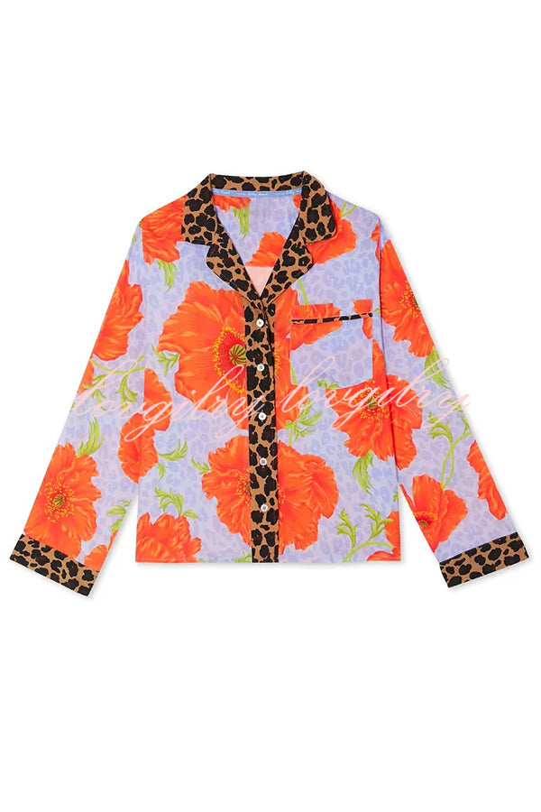 Color-block Poppy Leopard Print Trim Loose Shirt and Elastic Waist Pocketed Pajama Set