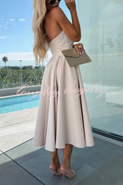 Sweet Cascade Solid Color Off Shoulder Pocket Full Hem Midi Dress