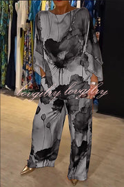 Satin Botanical Print Crew Neck Top and Elastic Waist Pocket Pants Set