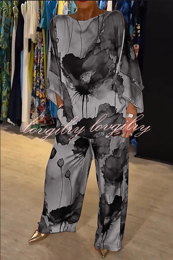 Satin Botanical Print Crew Neck Top and Elastic Waist Pocket Pants Set