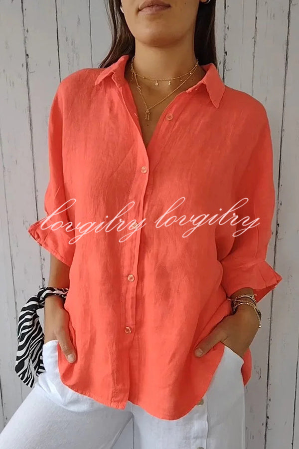 Linen Blend Solid Color Tie Back Loose Shirt Top