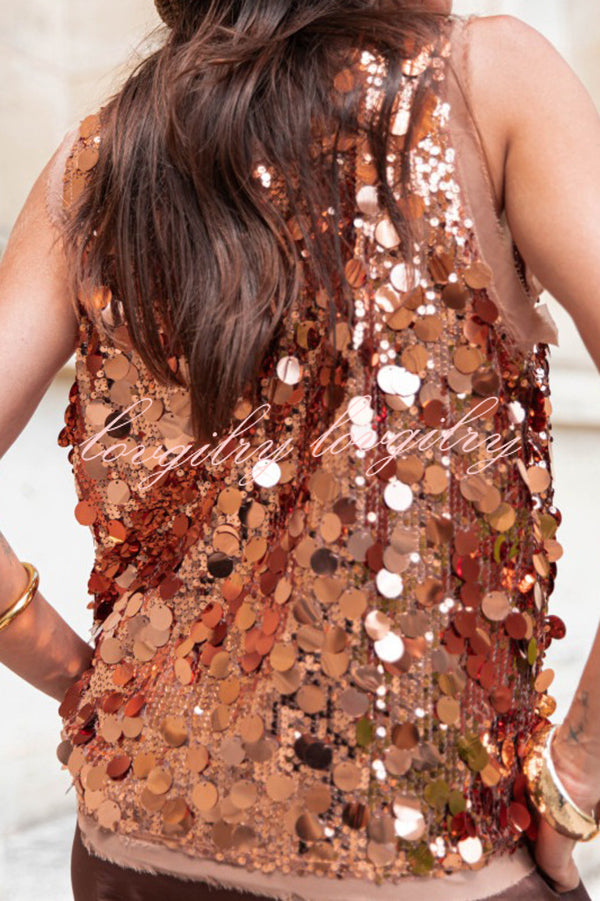 Fashionable Sequined Round Neck Sleeveless Loose Vest