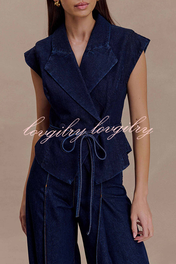 Charley Denim Button Up Cap Short Sleeve Structured Tie-up Lapel Top