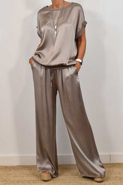 Satin Solid Color Loose Short-sleeved Top and Elastic Waist Lace-up Pocket Wide-leg Pants Set