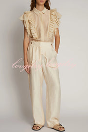 So Chic Linen Blend Buttoned Waist Tiered Pockets Wide Leg Pants