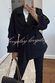 Modern Urban Dropped Shoulder Strap Button Detail Belted Lapel Loose Trench Coat