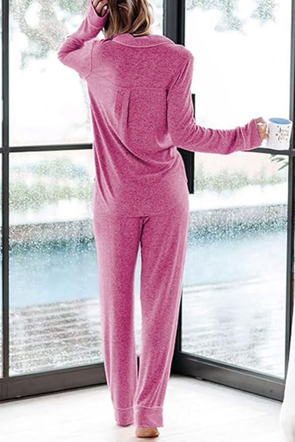 Home-style Loose-fitting Long-sleeved Pocket Shirt and Elastic Waist Casual Pants Set