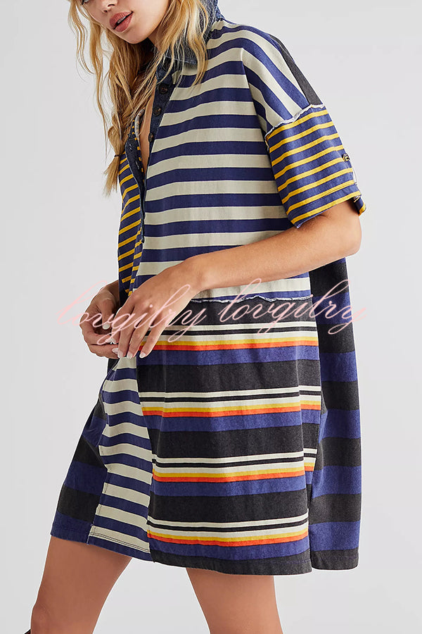 Contrast Striped Patchwork Denim Lapel Loose Casual Mini Dress