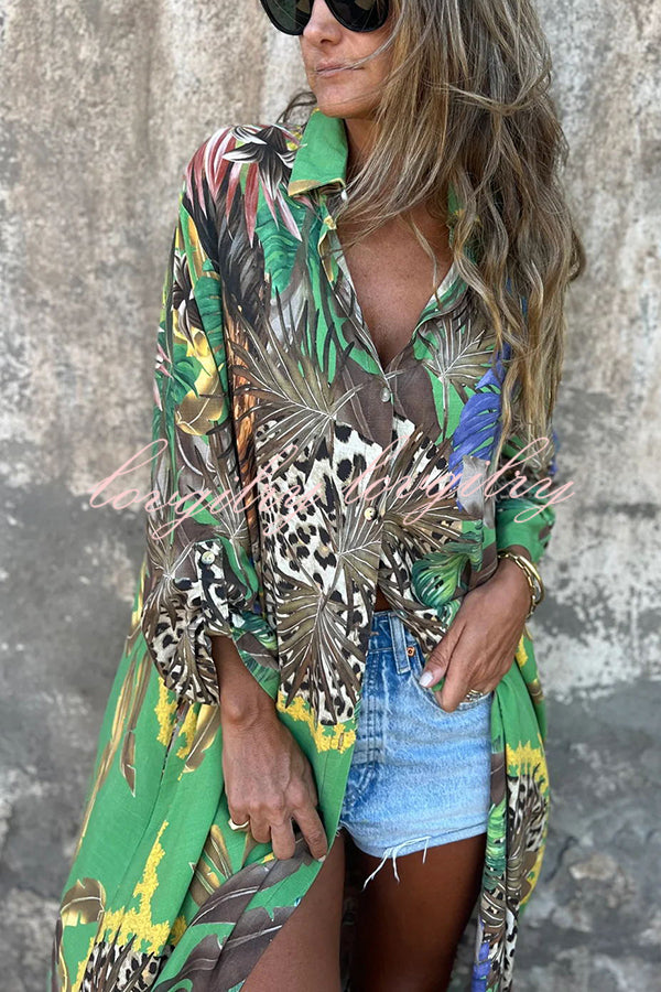 Jungle Miracle Animal Unique Print Button Long Sleeve Midi Relaxed Blouse