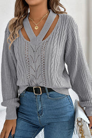 Casual Hollow V-neck Long-sleeved Knitted Sweater