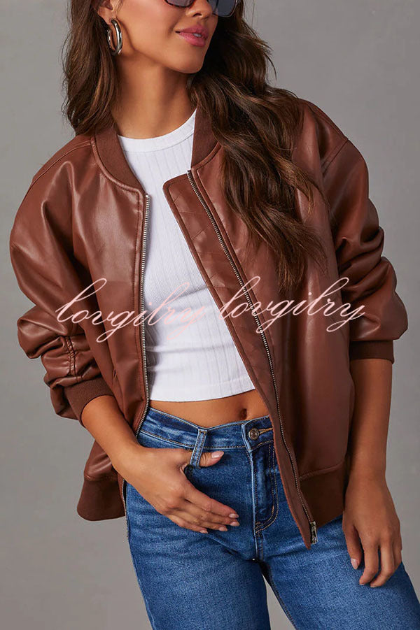 Solid Color Long Sleeve Loose Pocket Leather Jacket