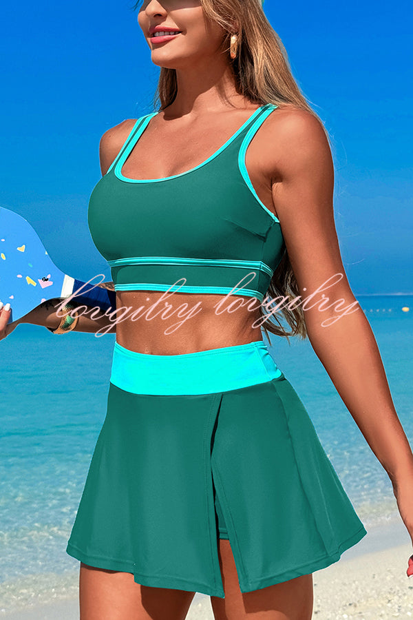 Fashion Contrast Color Stretch Sports Two-piece Bikini Swimsuit