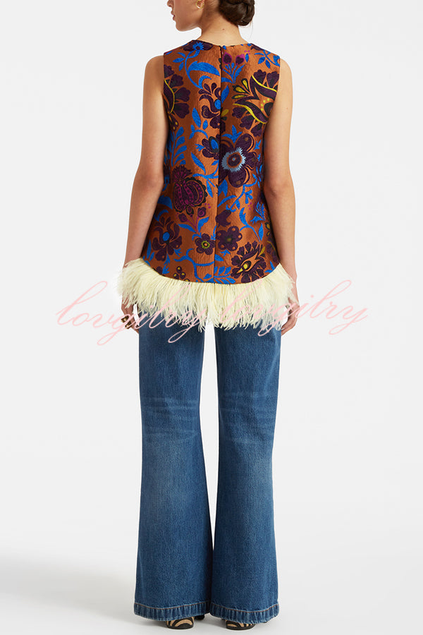 Emina Floral Feather Trim Trapezoidal Silhouette Asymmetrical Hem Top